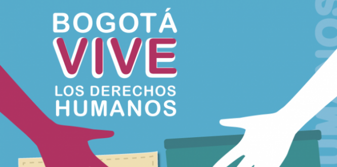 Fondo gráfico con manos y el texto Bogotá vive los derechos humanos